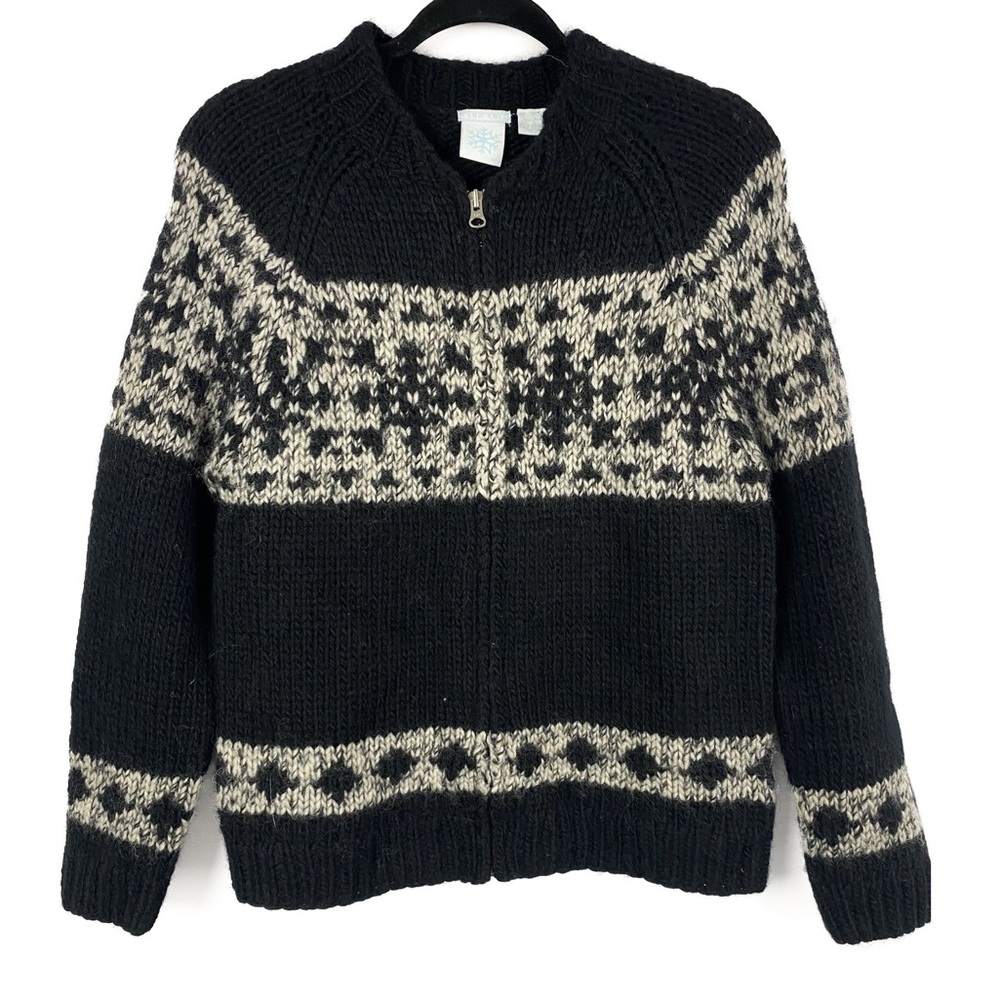 Hand Knit Womens 100% Wool Jacket L Black Nordic Fair Isle‎ Snowflake Alpine